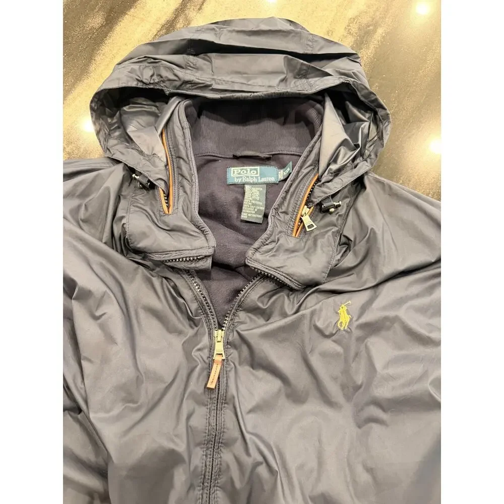 Polo Ralph Lauren Mens XXL Navy Windbreaker Jacket Zip Out Hood Leather Trim